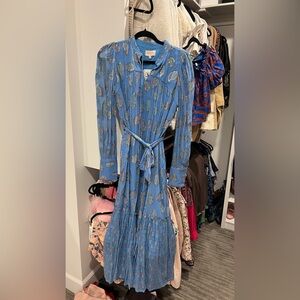 Ciebon Blue Metallic Accent Tie-Waist Midi Dress XS $155 retail